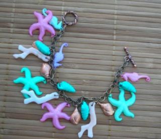  Bracelet Vintage Acrylic Coral Branch Sea Horse Star Fish Shell Copper
