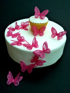 12 x HOT PINK DOUBLE 3D BUTTERFLIES PRE CUT EDIBLE RICE PAPER CUP CAKE