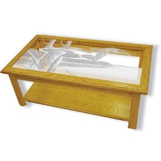 Oak Glass Top Coffee Table With Mallard Duck Etched Glass