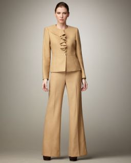 leg suit available in camel $ 280 00 albert nipon ruffle front wide