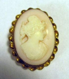 Victorian Hand Carved Pink Angel Skin Cameo Brooch in Gold Fill