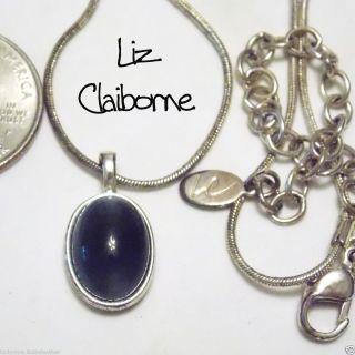 Signed LC Liz Claiborne Dark Blue Moonglow Glass Pendant Necklace