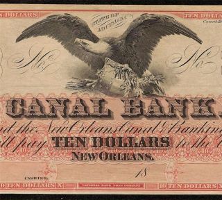 CU 1800s $10 Dollar Bill New Orleans Louisiana Canal Bank Note