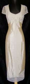 Helena Sorel Irridescent Beige Lace Trim Dress 40 New Embroidered Long