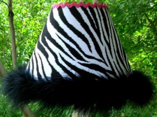 Boutique Style Zebra Lamp Shade w Black Boa and Hot Pink Trim