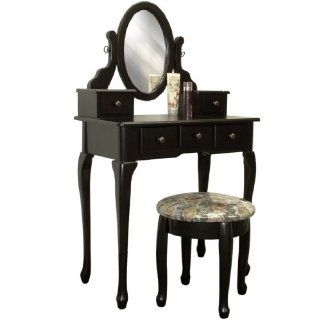 Black Vanity Table Set Jewelry Armoire Makeup Desk Bench