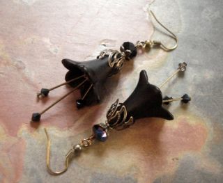Pretty Black Lucite Flower Crystal Antiqued Brass Earrings