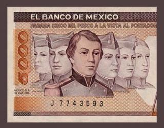 5000 Pesos Note Mexico 1989 KC Military Cadets UNC