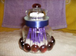 4PC GLASS JAR W GLASS PURPLE GEMS RIBBON Q TIPS YANKEE CANDLE holder