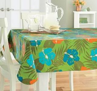 Tropical Hibiscus Vinyl Tablecloth Green Floral Design Flannel Backed