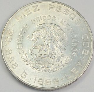 1956 Hidalgo Diez (10) Pesos   Lustrous Large 90% Silver Coin