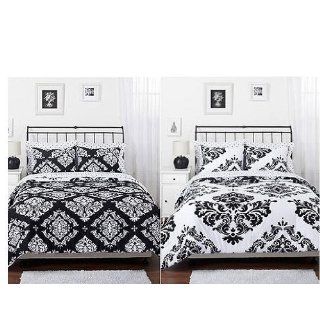 Black White Damask Reversible Queen Comforter Set Home