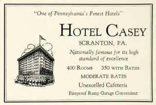 1930 Ad Hotel Casey Scranton Pennsylvania Architecture Hospitality