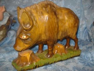 Vtg LG Folk Art Boar Wild Hog Pig Carved Wooden Figure Very Detailed