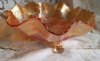 Fenton Carnival Stag Holly 3 Toed Round Bowl Marigold