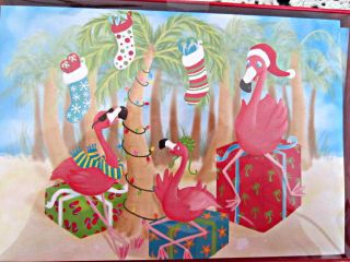 16 FLAMINGO CHRISTMAS CARDS ENVELOPES with TROPICAL PALM TREES NIB