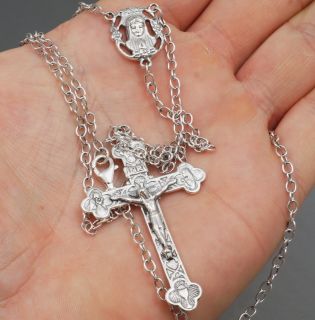 Rosary Holy Cross Jesus Christ 925 Sterling Solid Silver Mens Necklace