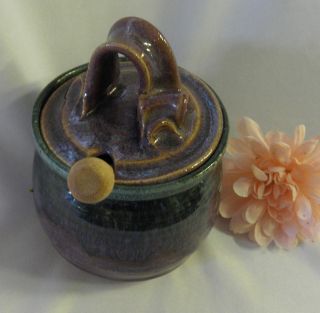 HONEY POT CROCK WITH WOOD DIP STICK PURPLE BLUE GREEN AND BROWN HUES