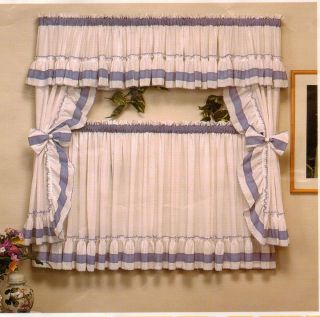 Jennifer by Prince Cottage Kitchen Curtain Set Ruffles Bows with Blue