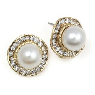 Goldtone Round Crystal and Faux Pearl Post Earrings