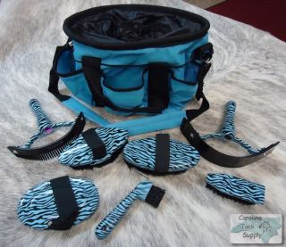 BLUE 7 Piece Zebra Print Horse Grooming Kit w/ Nylon Carrying Bag NEW