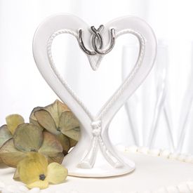 New Silver Toned Linked Horseshoes White Heart Cake Topper Wedding