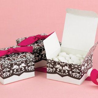 Black and White Flourish Favor Boxes with Fuchsia Ribbons