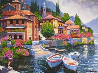 Lake Como Landing Howard Behrens Artist Embellishd Canvas Boat Italy