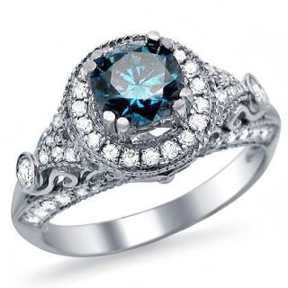 35ct Blue Round Diamond Engagement Ring 14k White Gold Vintage Style