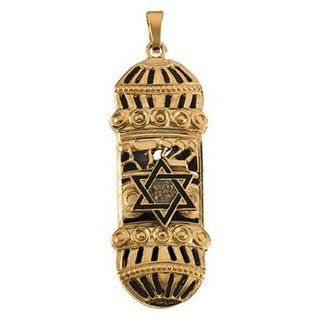 14K Gold Mezuzah Pendant with White And Blue Emamel