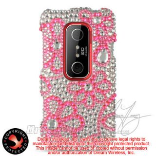  3D EVO V Hard Case Snap on Silver Phone Cover Pink Flower Lace Bling