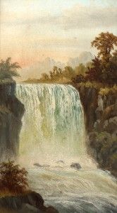 Antique Hudson River School Niagara Falls Sunset Landscape w Post Oil