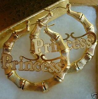 Huge 18K Gold GF Big Bamboo Princess Hoop Earrings 2 5