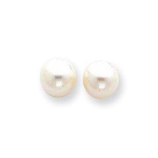 99 White Round Cultured Pearl Stud Earrings in 14k Yellow Gold