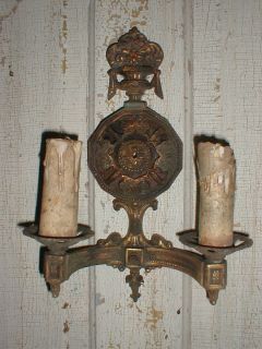 Vintage ORNATE HEAVY BRASS DUAL FIXTURE WALL SCONCES FOR RESTORATION