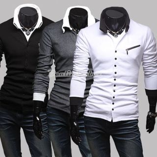  Fashion Slim Fit Black Gray White Long Sleeve T shirt Top US XS S M L