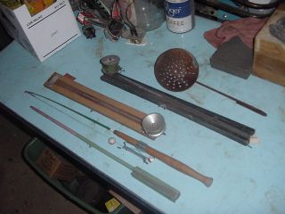Vintage Lot 5 of Ice Fishing Supplies Poles Tip Up Scoops