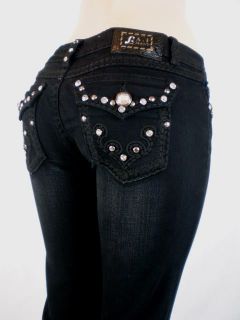 Women La Idol Bootcut Jeans Black Tribal Tattoo Crystal Flap Pockets 0