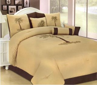 Pcs Embroidery Palm Tree Comforter Set Bed in A Bag King Gold Taupe