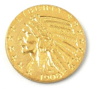 COLLECTIBLE ANTIQUE 1908 5 DOLLARS INDIAN HEAD (HALF EAGLE) GOLD COIN