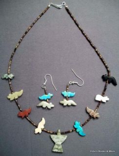 Navajo Indian 17 Animal Fetish Necklace Earrings Set