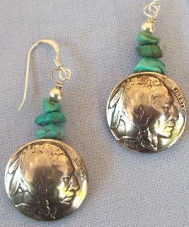 Indian Buffalo Nickel Earings STG Silver and Turquoise