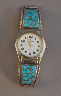 Vintage Zuni Silver Watch Band Turquoise Channel Inlay