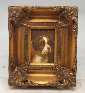 Hand Painted Miniature Oil Painting of A Dog in A Solid Wood Gilt