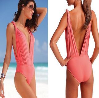 Womens Sexy One Piece Lemon Plunge Monokini Bikini Swimwear Pink s M