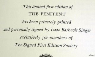 The Penitent   SIGNED Isaac Bashevis Singer   Limited First Edition