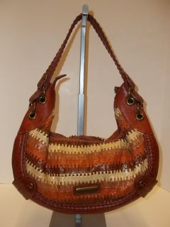 Isabella Fiore Beige and Brown Woven Leather Hobo Shoulder Handbag