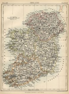 Ireland Authentic 1889 Map showing Counties; Cities; Topography
