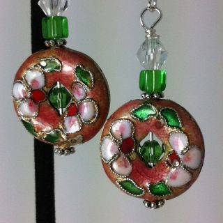  Peach Cloisonne Crystal Sterling Silver Bead Earrings
