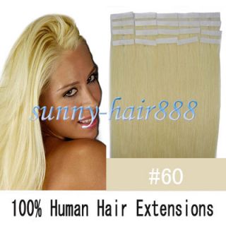 16 Long Remy Tape Skin Human Hair Extensions 60 White Blonde 30g